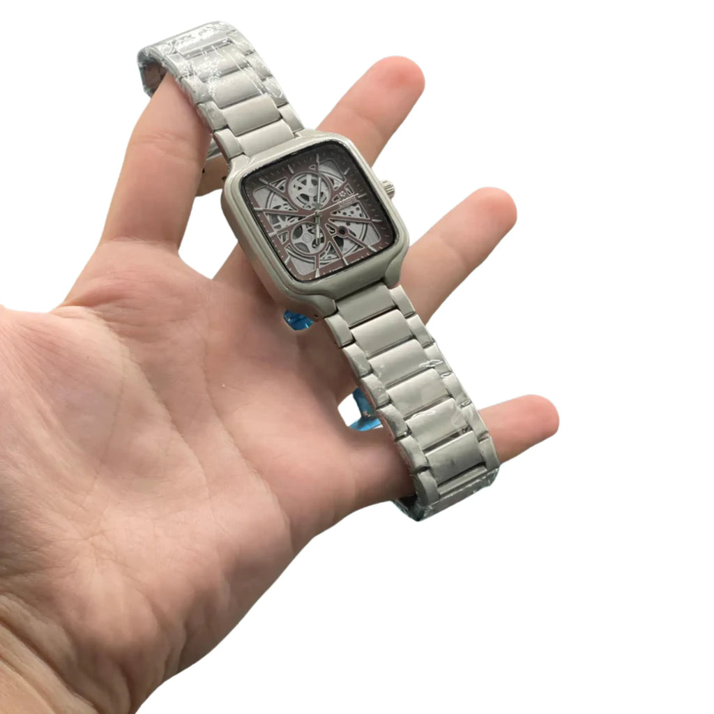 RD Matte Silver Square Skeleton Dial Automatic Watch with Stainless Steel Bracelet