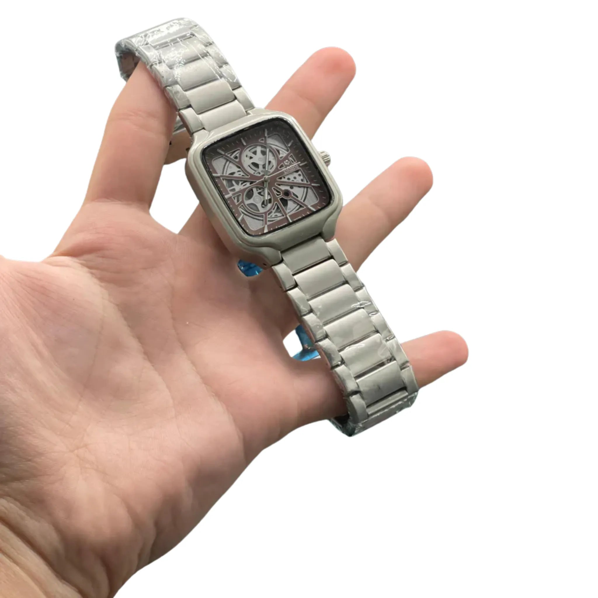 RD Matte Silver Square Skeleton Dial Automatic Watch with Stainless Steel Bracelet