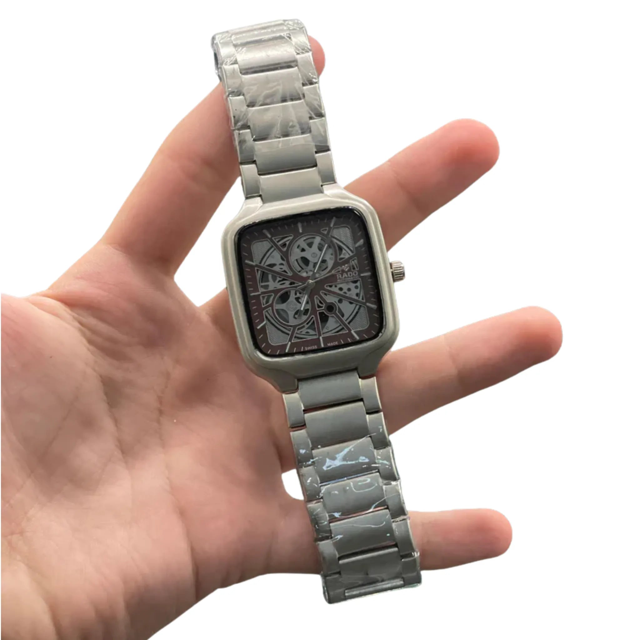 RD Matte Silver Square Skeleton Dial Automatic Watch with Stainless Steel Bracelet