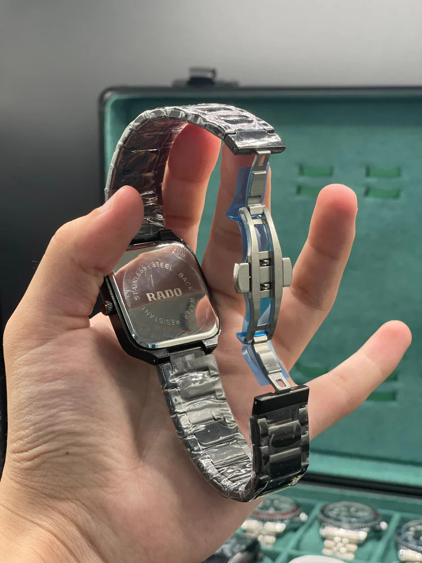 RD Black Square Skeleton Dial Automatic Watch with Glossy Ceramic Case and Bracelet