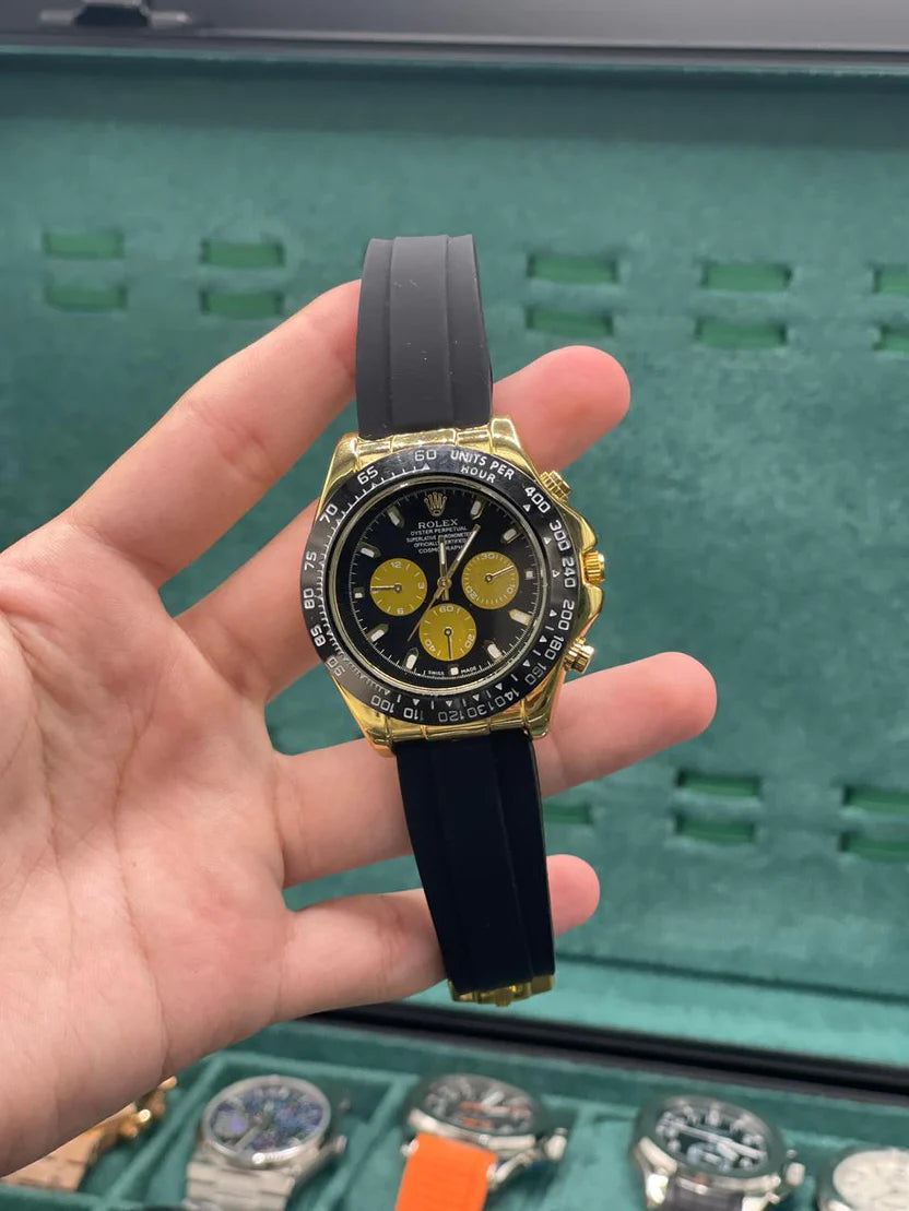 RLX Black Rubber Strap With Black And Golden Chronograph Dial Watch