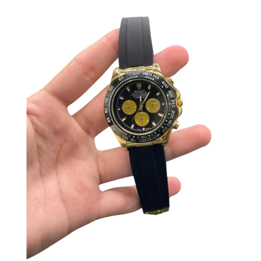 RLX Black Rubber Strap With Black And Golden Chronograph Dial Watch