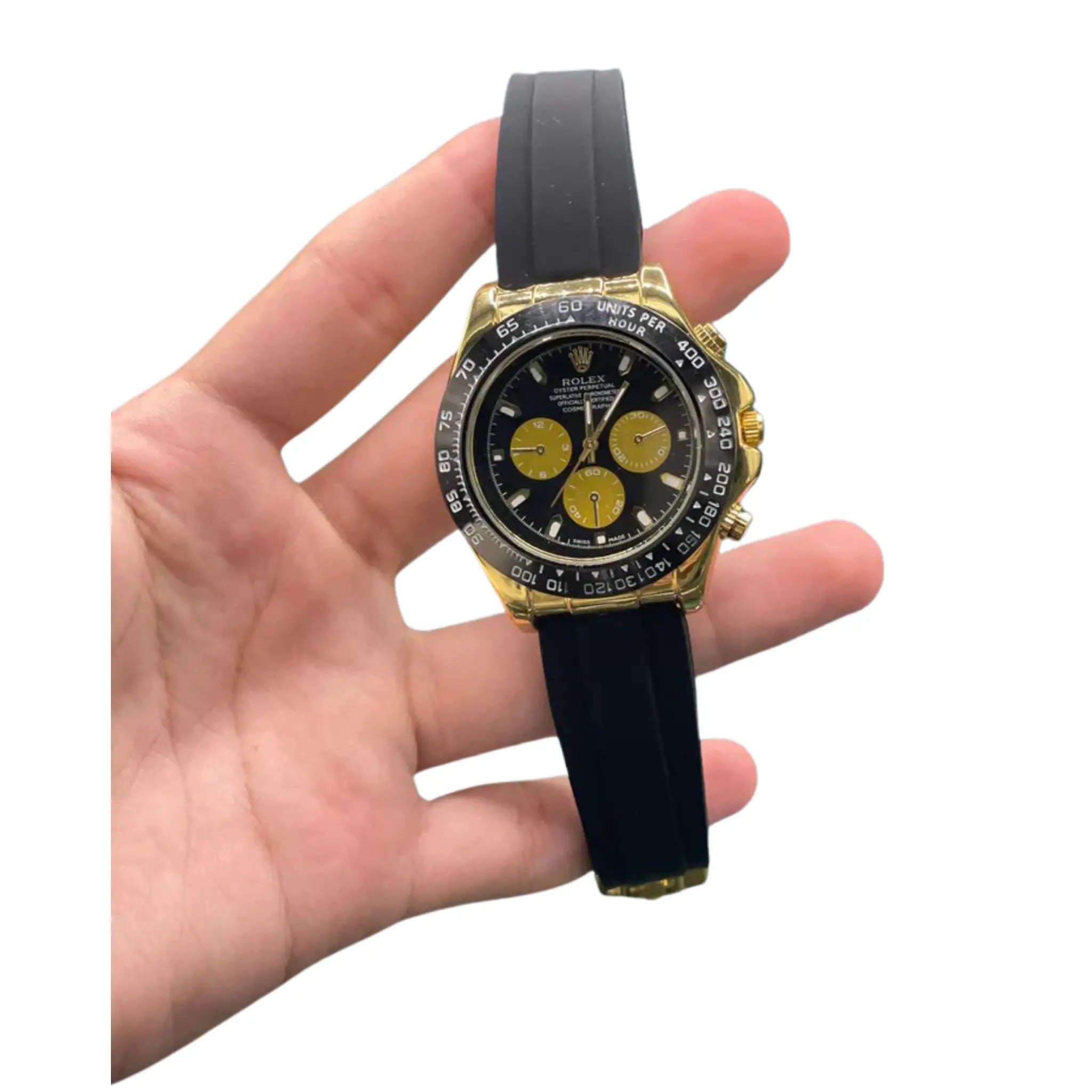 RLX Black Rubber Strap With Black And Golden Chronograph Dial Watch