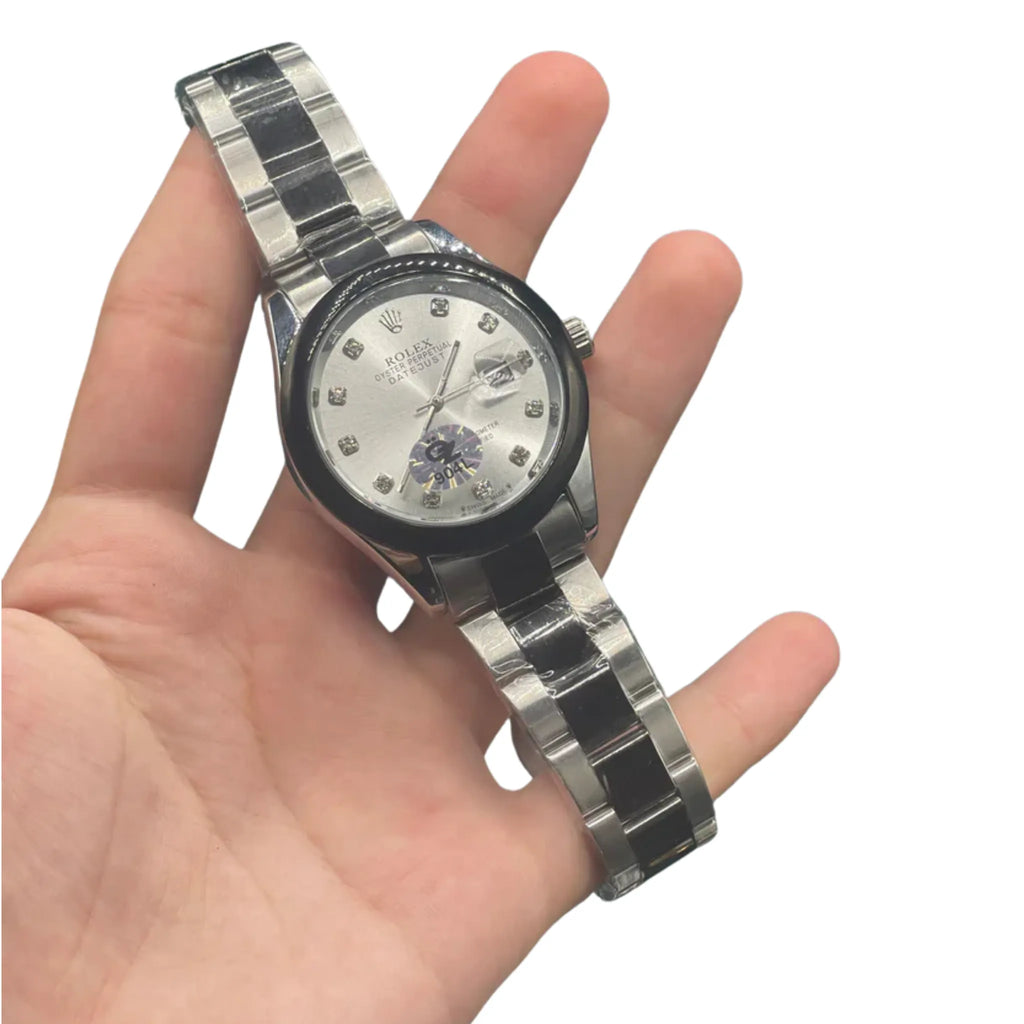 RLX Diamond Markers Silver Dial Watch — Black Bezel Steel Chain with Date Lock