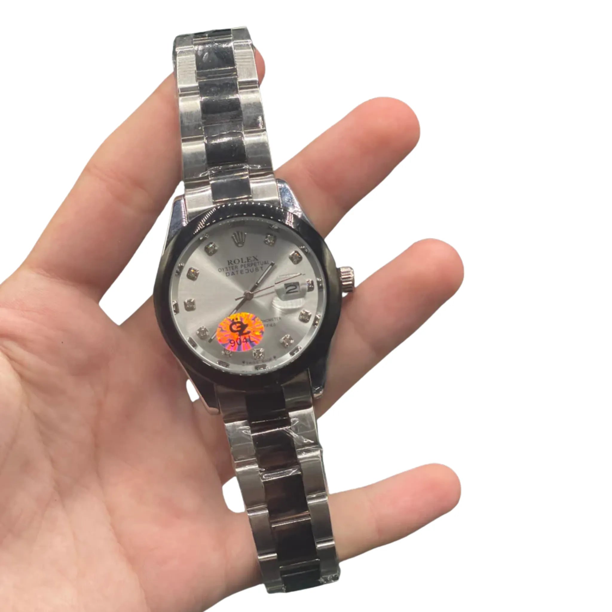 RLX Diamond Markers Silver Dial Watch — Black Bezel Steel Chain with Date Lock