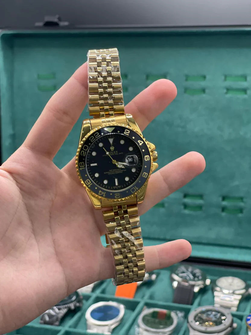 RLX Golden Chain With Black Dial Zombie Edition Quartz Watch Full Gold-Tone Luxury Diver-Style Watch with Black Dial, Dual-Tone Bezel, and Jubilee Bracelet