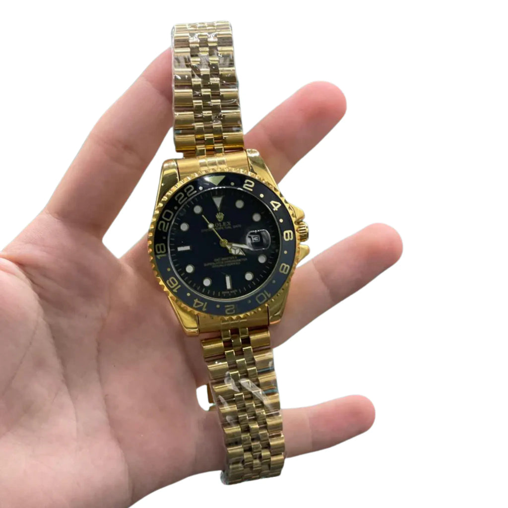 RLX Golden Chain With Black Dial Zombie Edition Quartz Watch Full Gold-Tone Luxury Diver-Style Watch with Black Dial, Dual-Tone Bezel, and Jubilee Bracelet