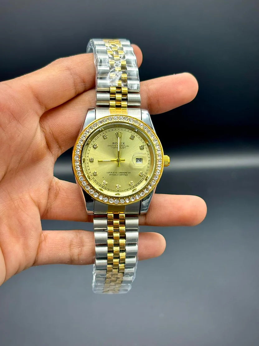 RLX Premium Gold & Silver Men’s Watch – Gold Dial | Baton Markers | Date Window