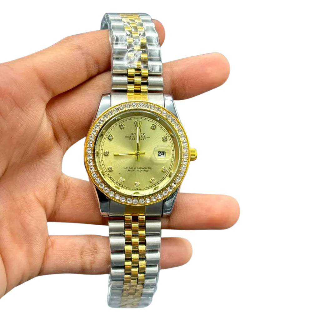 RLX Premium Gold & Silver Men’s Watch – Gold Dial | Baton Markers | Date Window