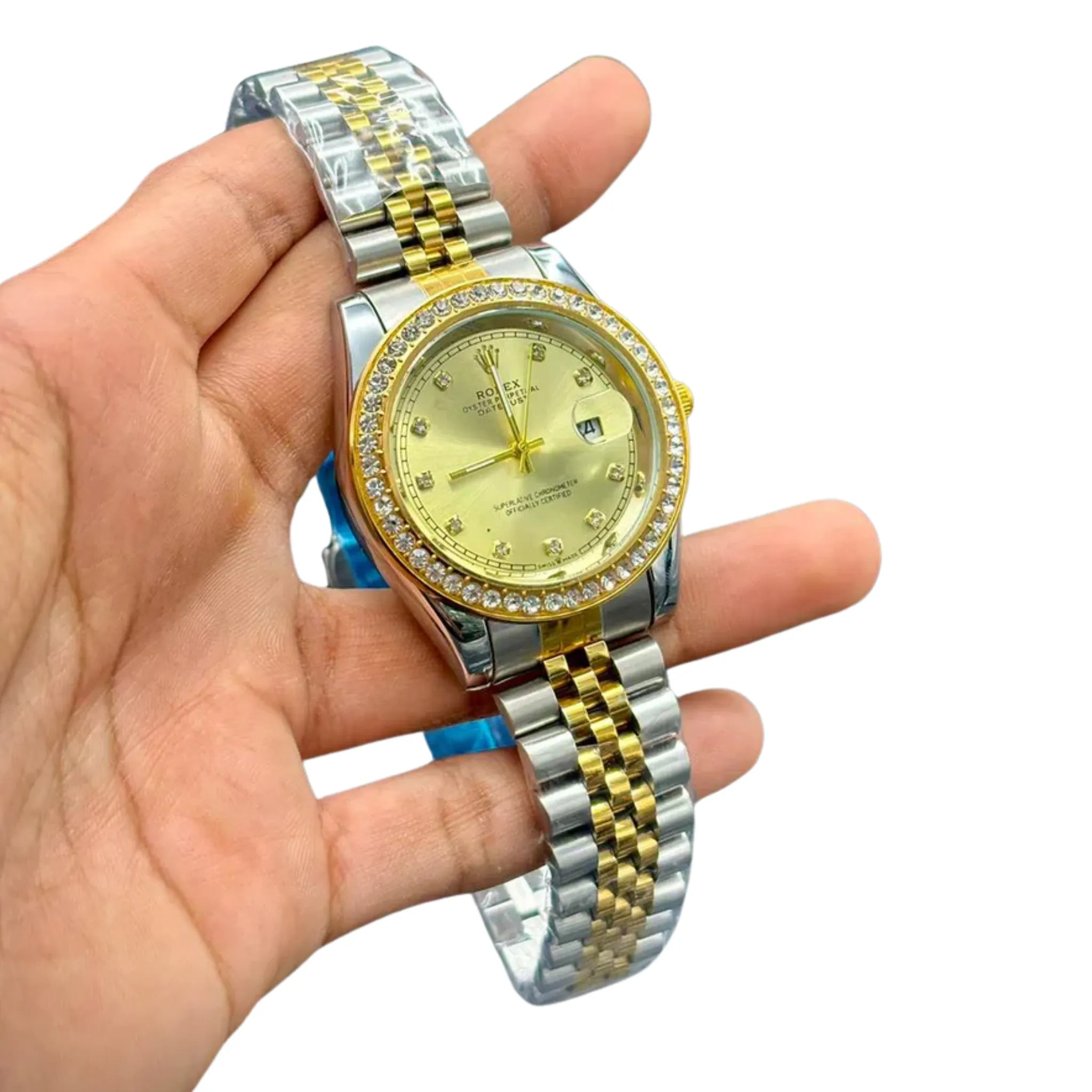 RLX Premium Gold & Silver Men’s Watch – Gold Dial | Baton Markers | Date Window