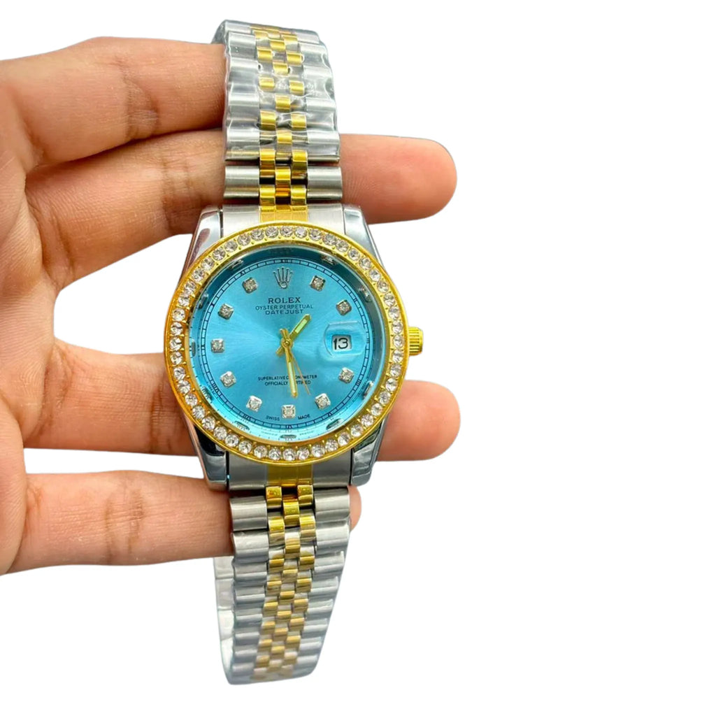 RLX Premium Gold & Silver Men’s Watch – Tiffany Blue Dial | Stone Markers | Date Window