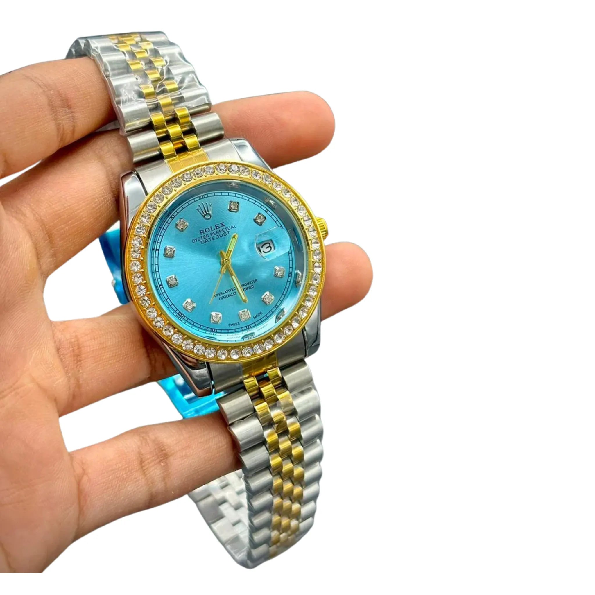 RLX Premium Gold & Silver Men’s Watch – Tiffany Blue Dial | Stone Markers | Date Window