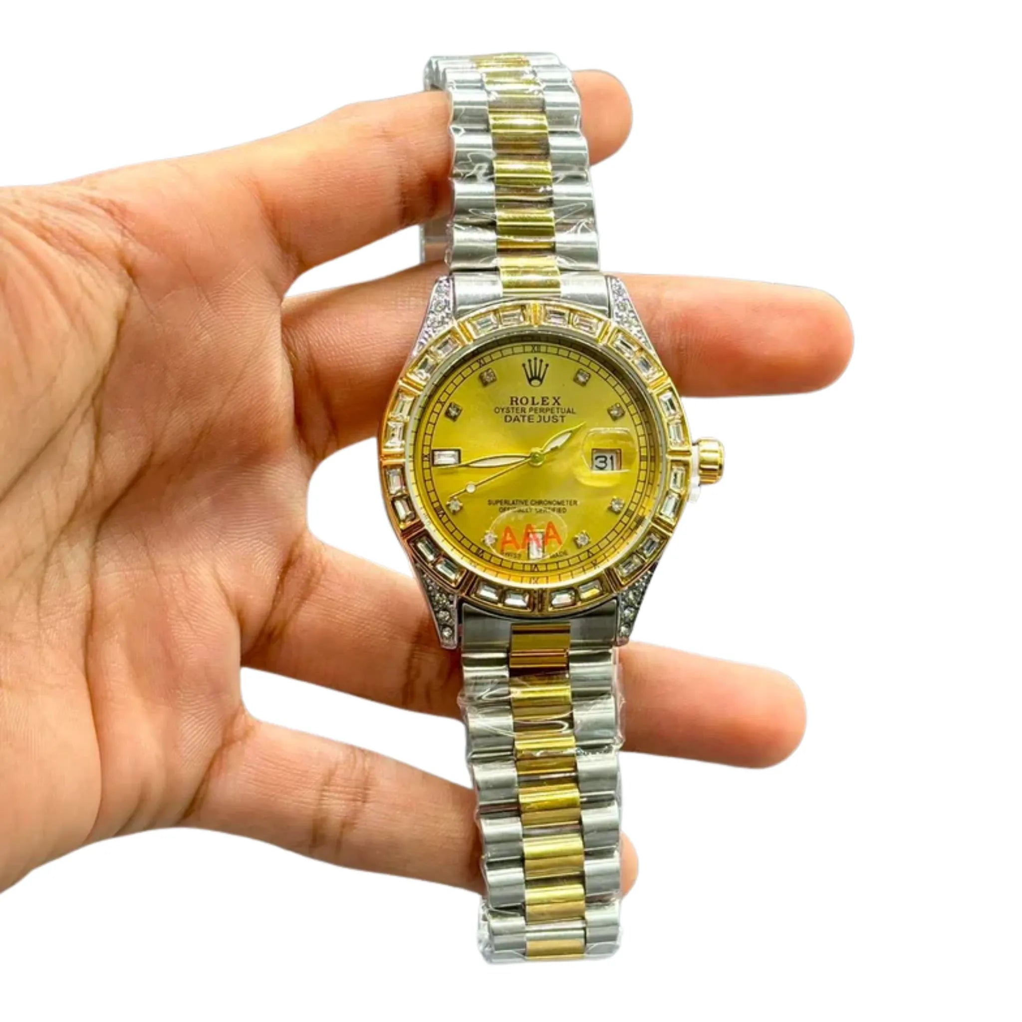 RLX Premium Iced-Out Watch – Gold & Silver | Champagne Dial | Crystal Markers