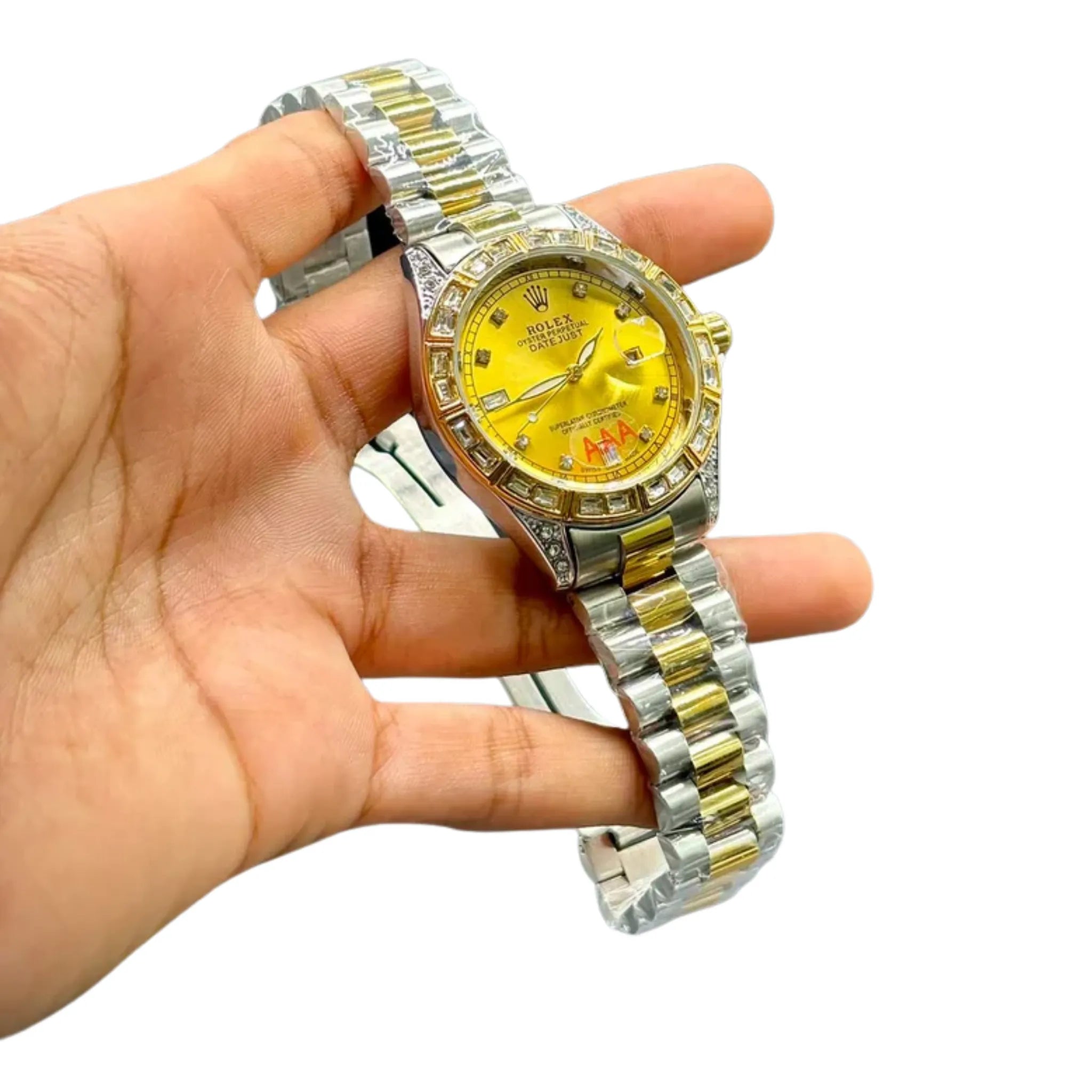 RLX Premium Iced-Out Watch – Gold & Silver | Champagne Dial | Crystal Markers