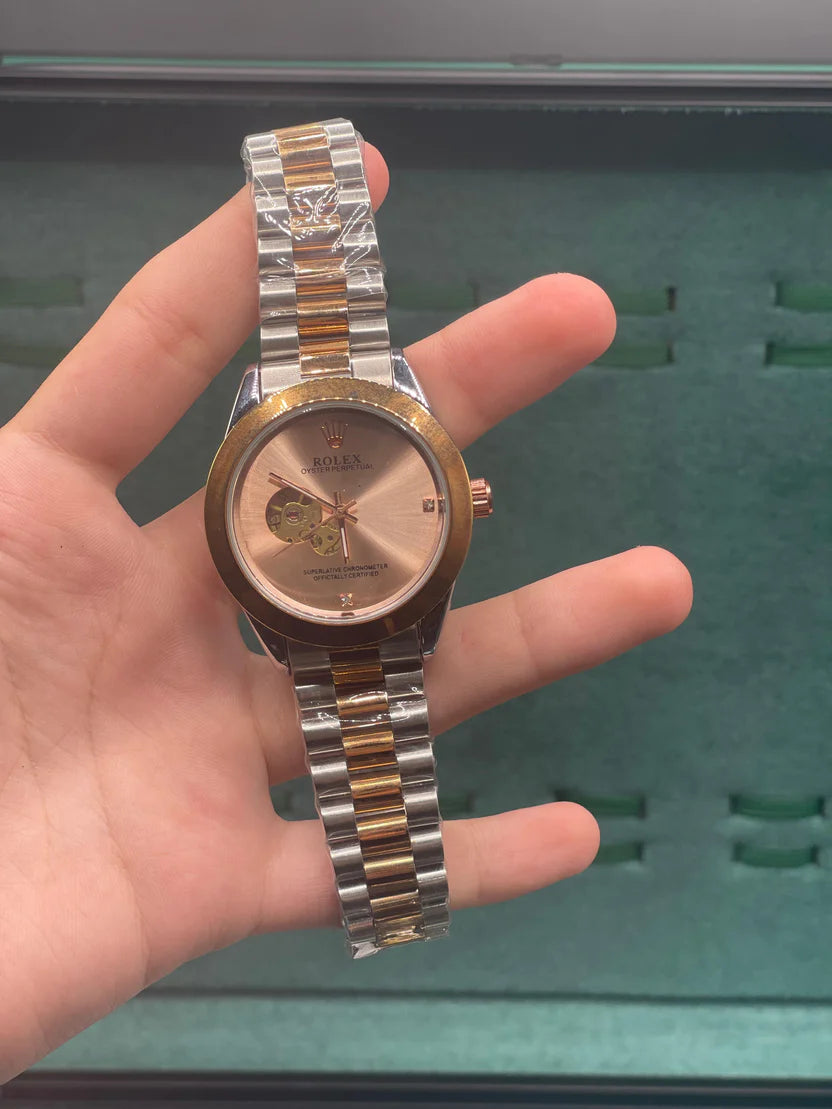 RLX Rose Gold Two-Tone Automatic Watch — Salmon Sunburst Dial with Open Heart & Jubilee Strap
