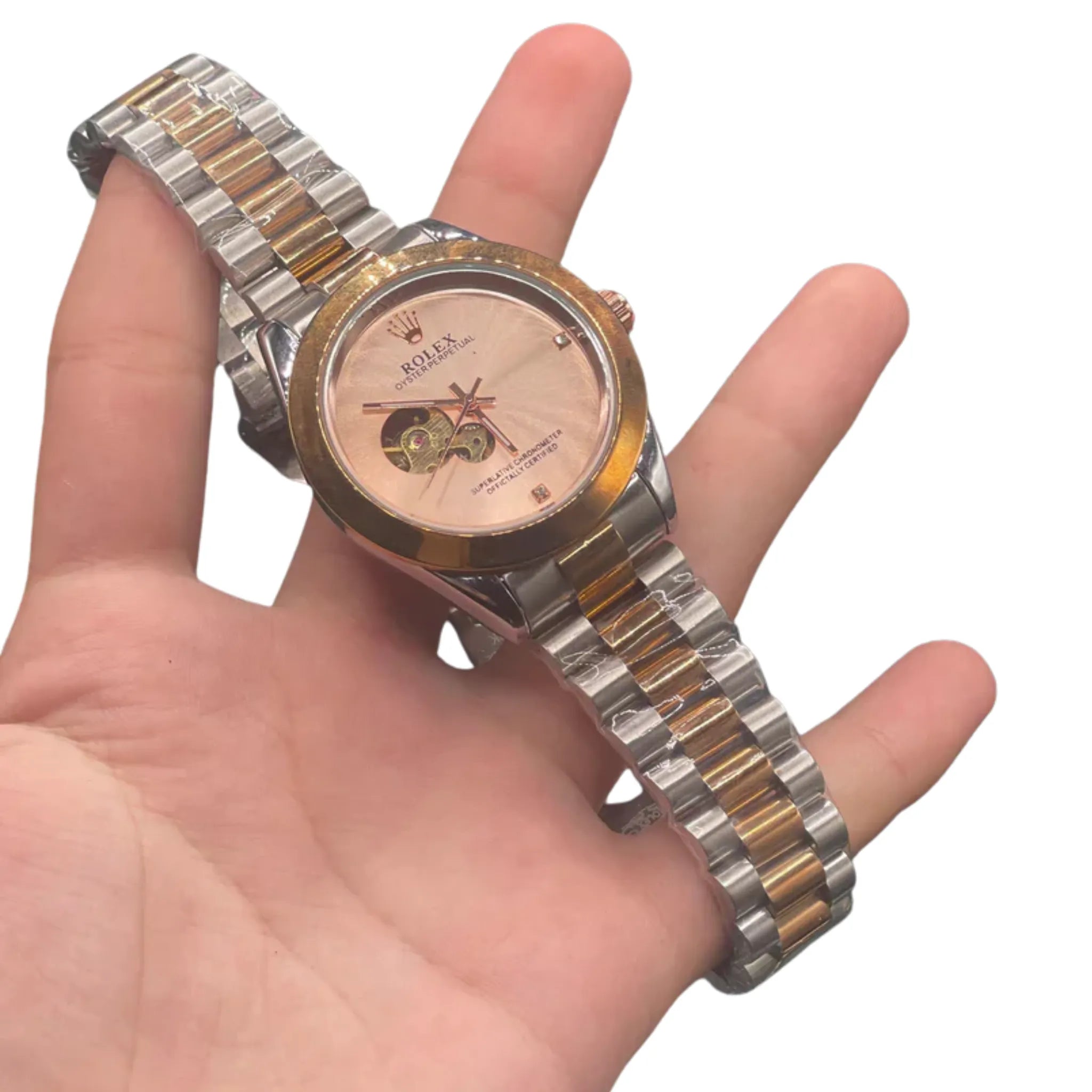 RLX Rose Gold Two-Tone Automatic Watch — Salmon Sunburst Dial with Open Heart & Jubilee Strap