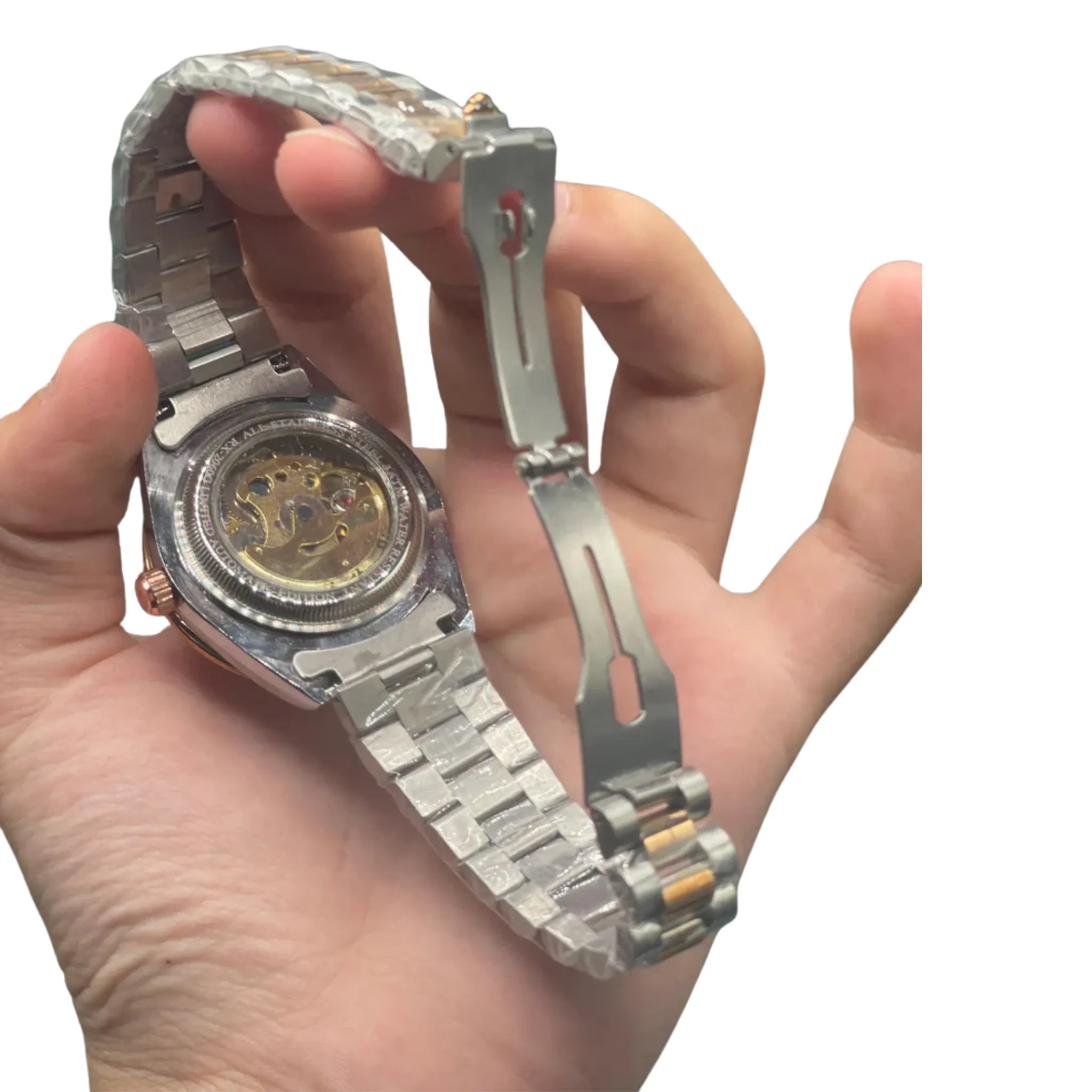 RLX Rose Gold Two-Tone Automatic Watch — Salmon Sunburst Dial with Open Heart & Jubilee Strap