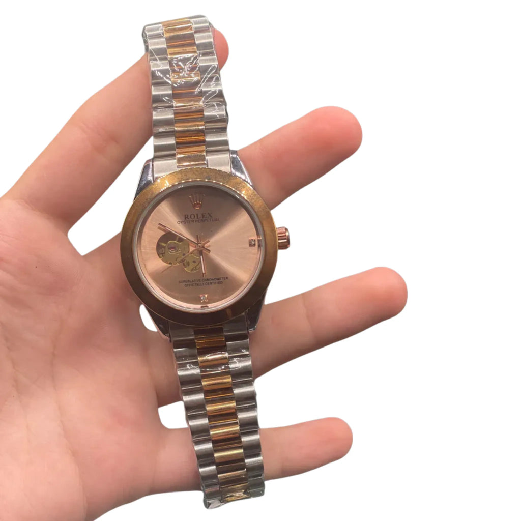 RLX Rose Gold Two-Tone Automatic Watch — Salmon Sunburst Dial with Open Heart & Jubilee Strap