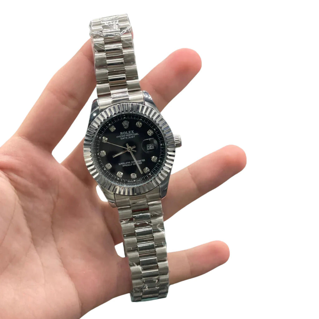 RLX Silver Chain With Black Datejust Dial Watch