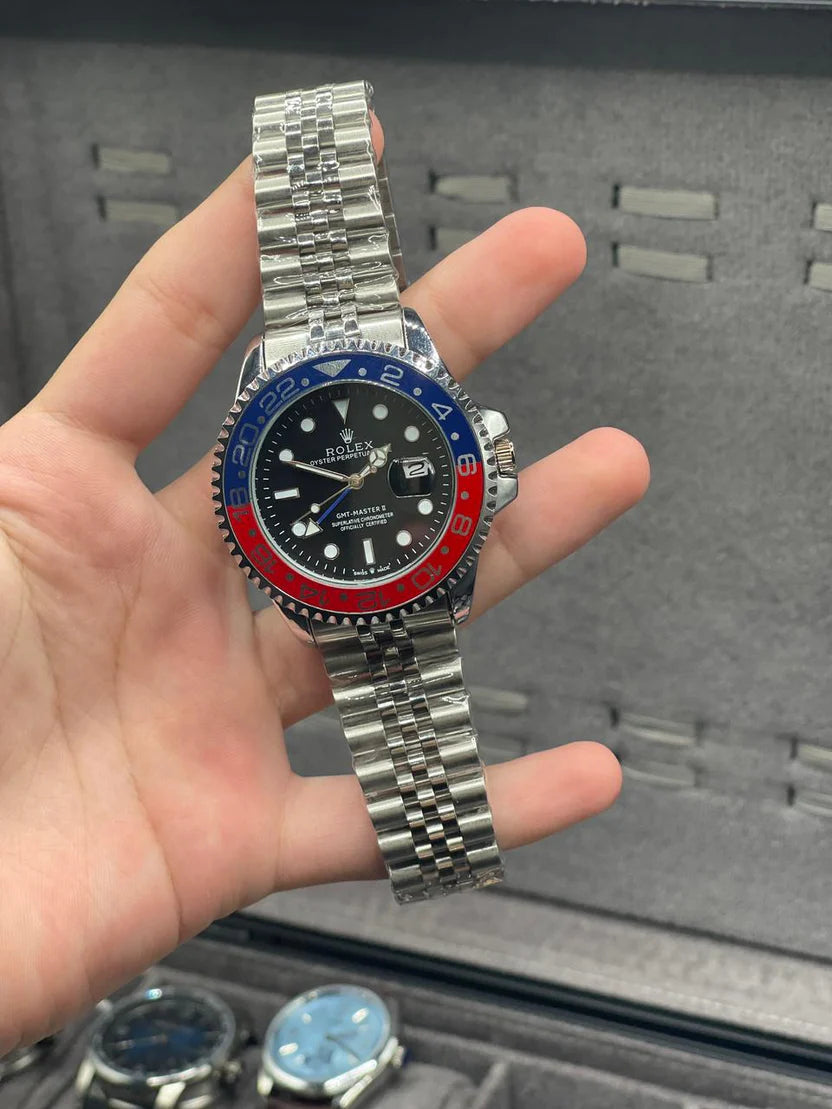 RLX Silver Chain With Black Dial Semi Automatic Pepsi Style Watch