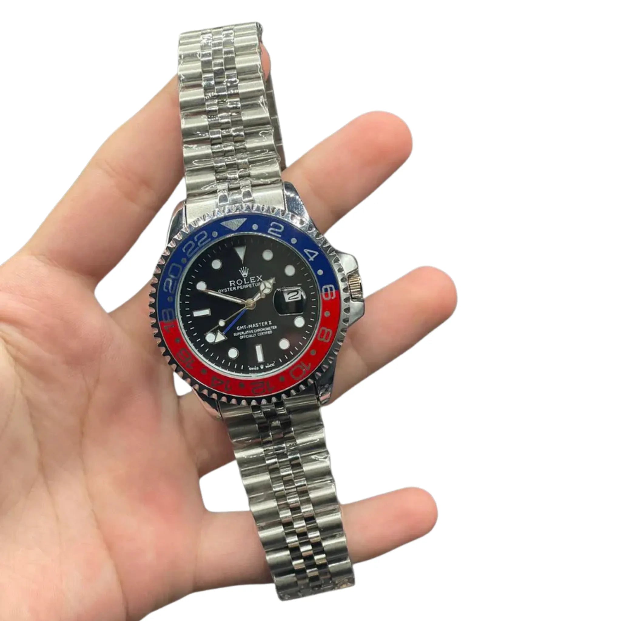 RLX Silver Chain With Black Dial Semi Automatic Pepsi Style Watch