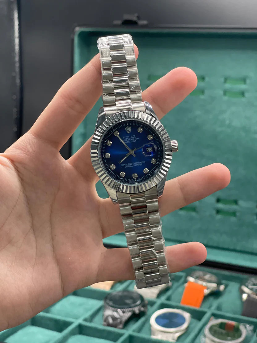 RLX Silver Chain With Stunning Blue Dial Watch