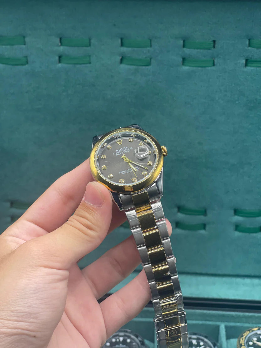 RLX Silver Oyster Chain With Black Round Dial Watch