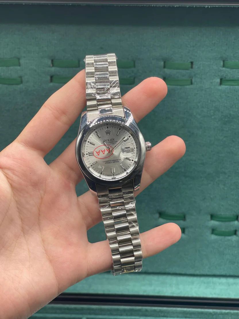 RLX Silver Presidential Chain With White Dial Watch