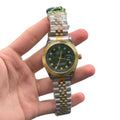 RLX Stainless Steel Chain 7999 /Two-Tone Luxury Dress Watch with Olive Green Diamond Dial, Gold Fluted Bezel, and Jubilee Bracelet