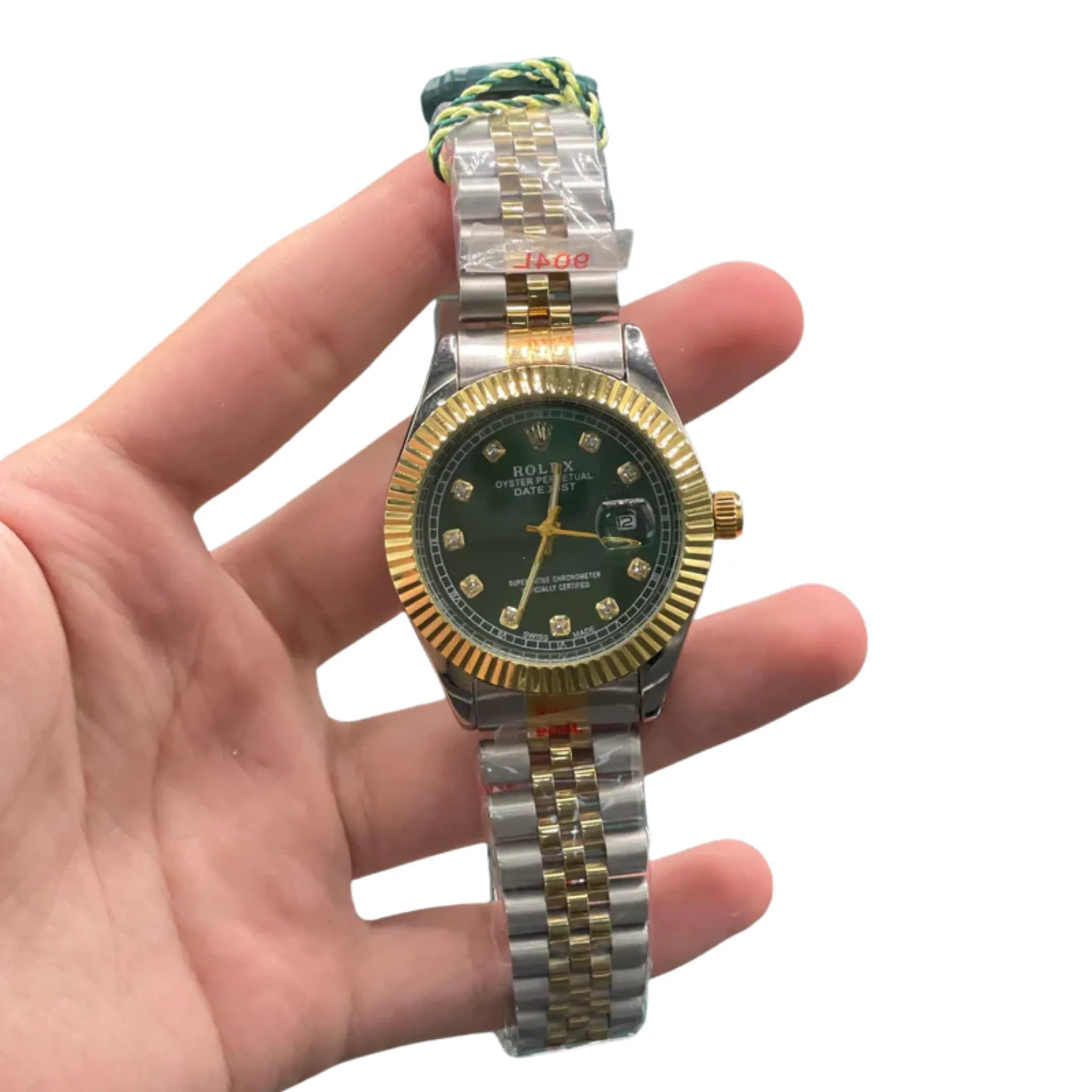 RLX Stainless Steel Chain 7999 /Two-Tone Luxury Dress Watch with Olive Green Diamond Dial, Gold Fluted Bezel, and Jubilee Bracelet