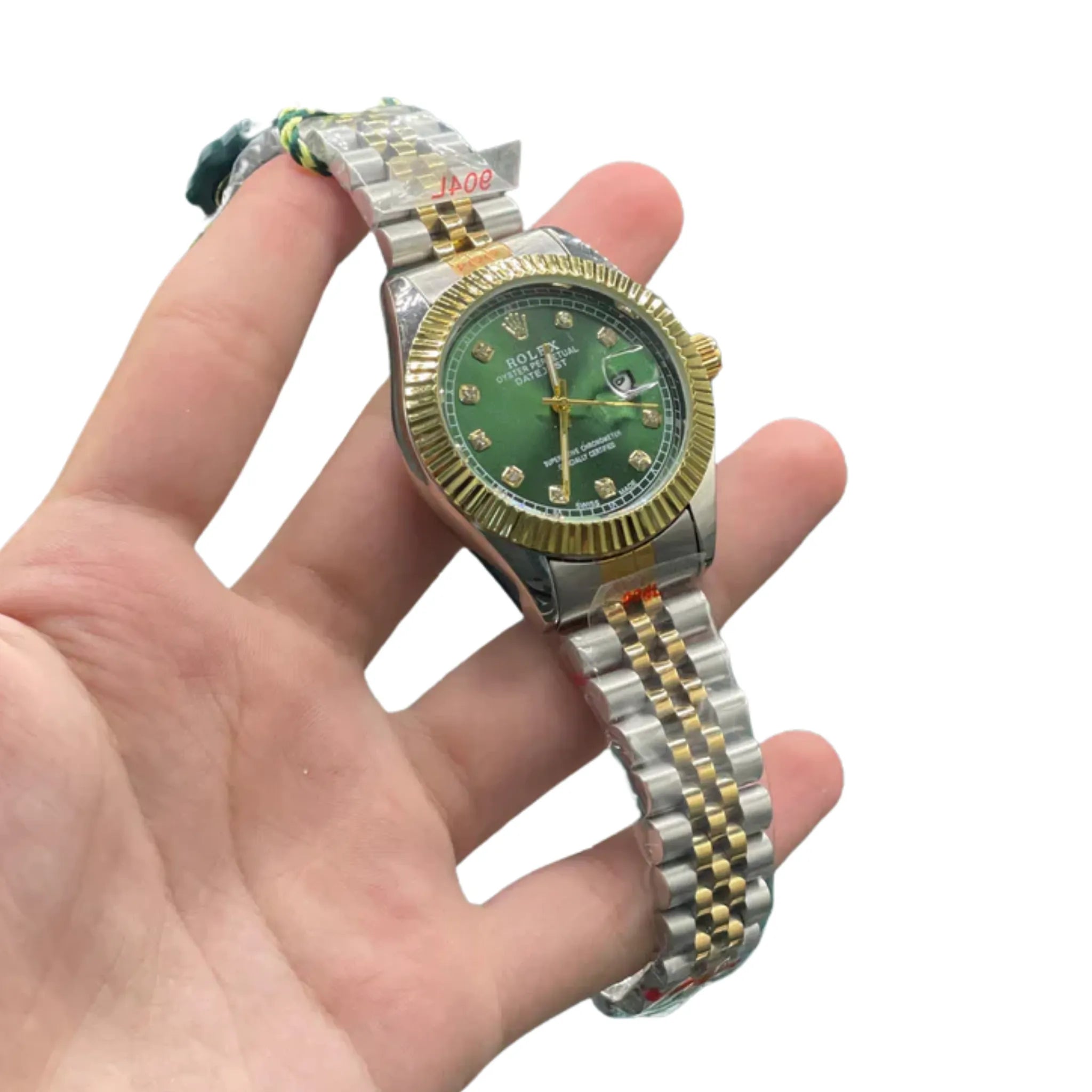 RLX Stainless Steel Chain 7999 /Two-Tone Luxury Dress Watch with Olive Green Diamond Dial, Gold Fluted Bezel, and Jubilee Bracelet