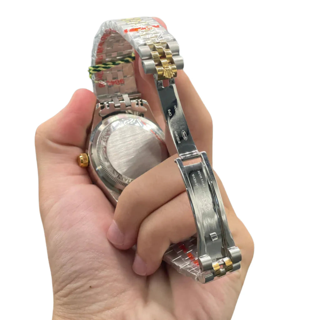 RLX Stainless Steel Chain 7999 /Two-Tone Luxury Dress Watch with Olive Green Diamond Dial, Gold Fluted Bezel, and Jubilee Bracelet