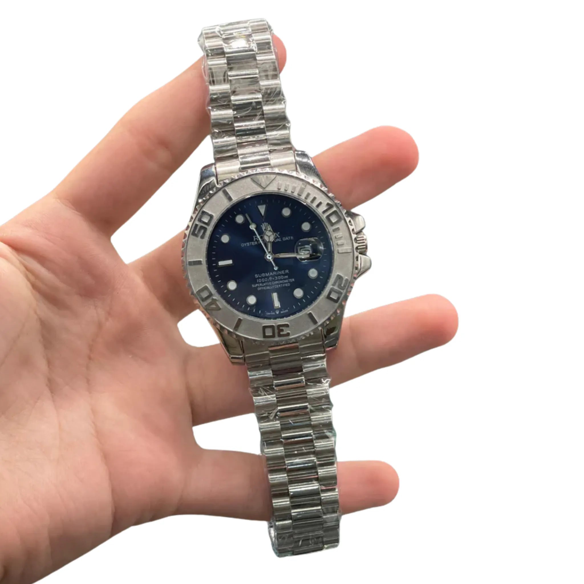 RLX Stainless Steel Dive Style Watch with Blue Dial, Rotating Bezel, and Oyster Bracelet