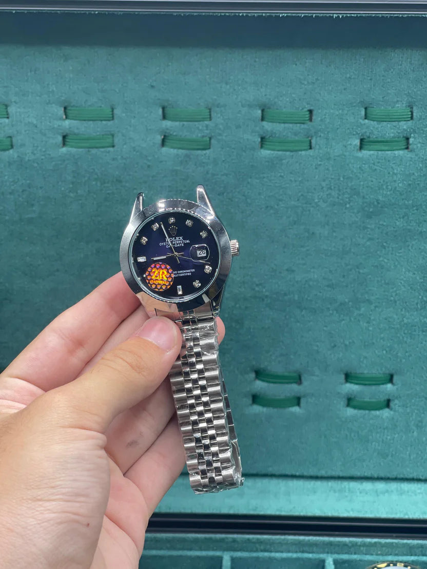 RLX Stainless Steel Dress Watch with Midnight Blue Diamond Dial, Smooth Bezel, and Jubilee Bracelet