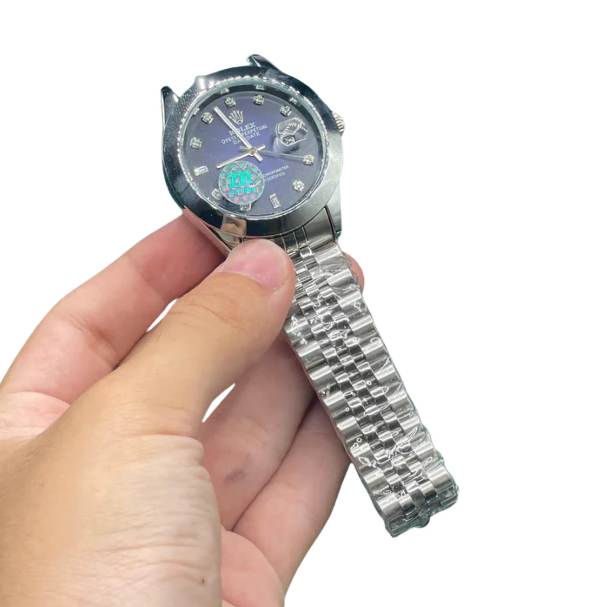 RLX Stainless Steel Dress Watch with Midnight Blue Diamond Dial, Smooth Bezel, and Jubilee Bracelet