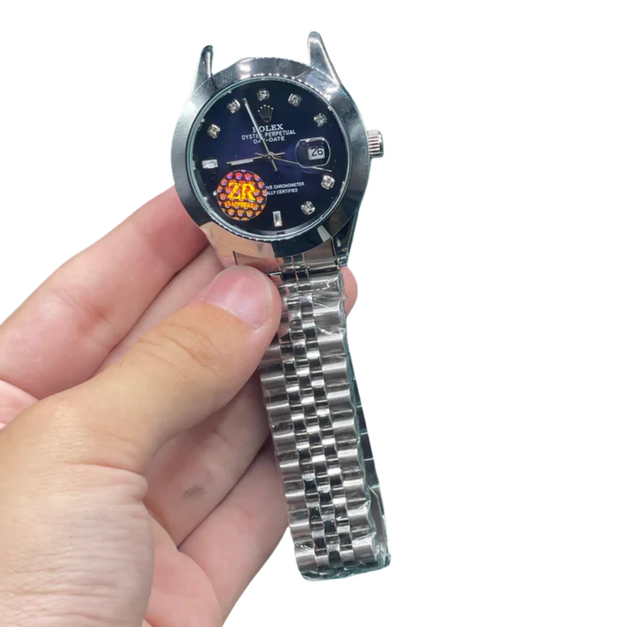 RLX Stainless Steel Dress Watch with Midnight Blue Diamond Dial, Smooth Bezel, and Jubilee Bracelet