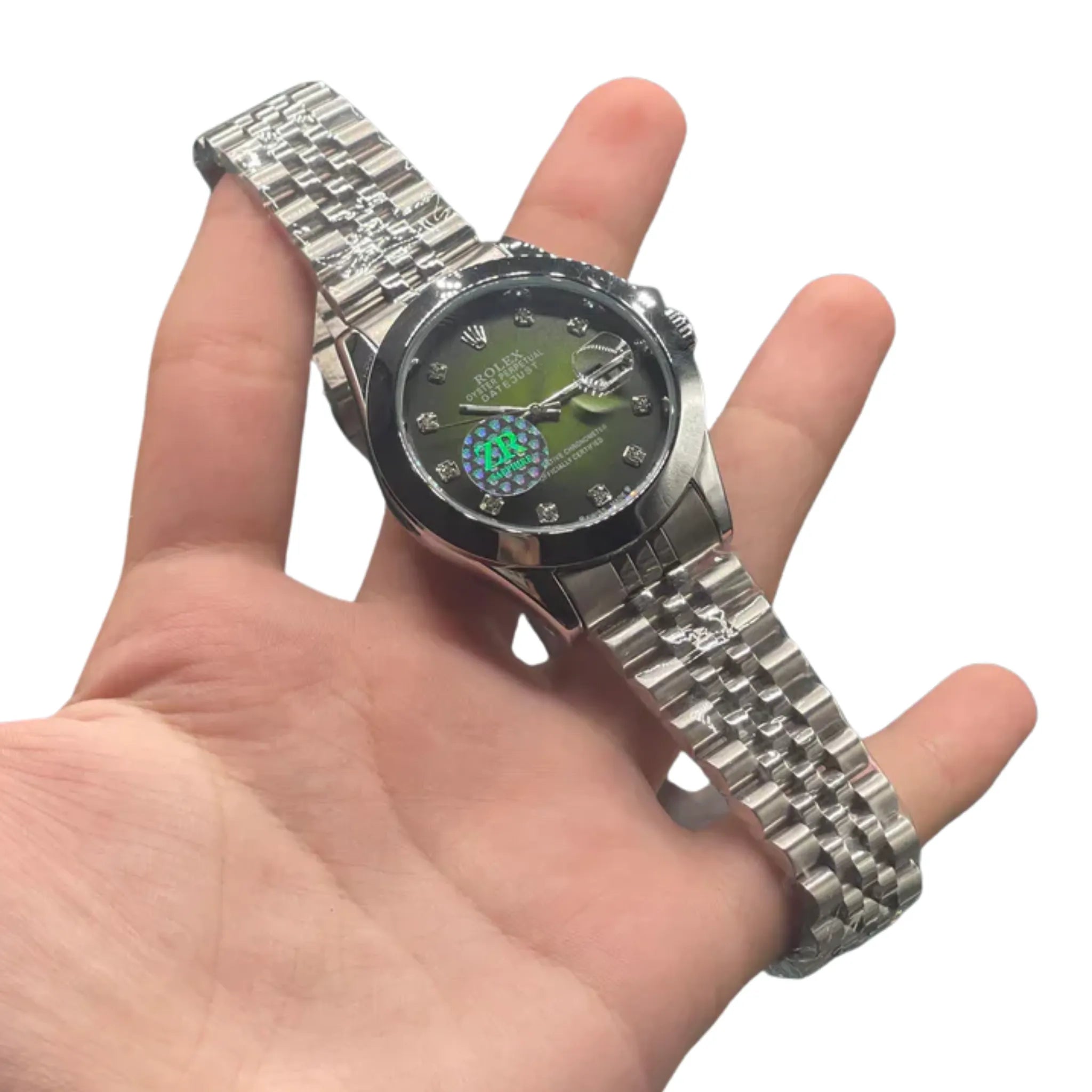 RLX Stainless Steel Dress Watch with Olive Green Diamond Dial, Smooth Bezel, and Jubilee Bracelet