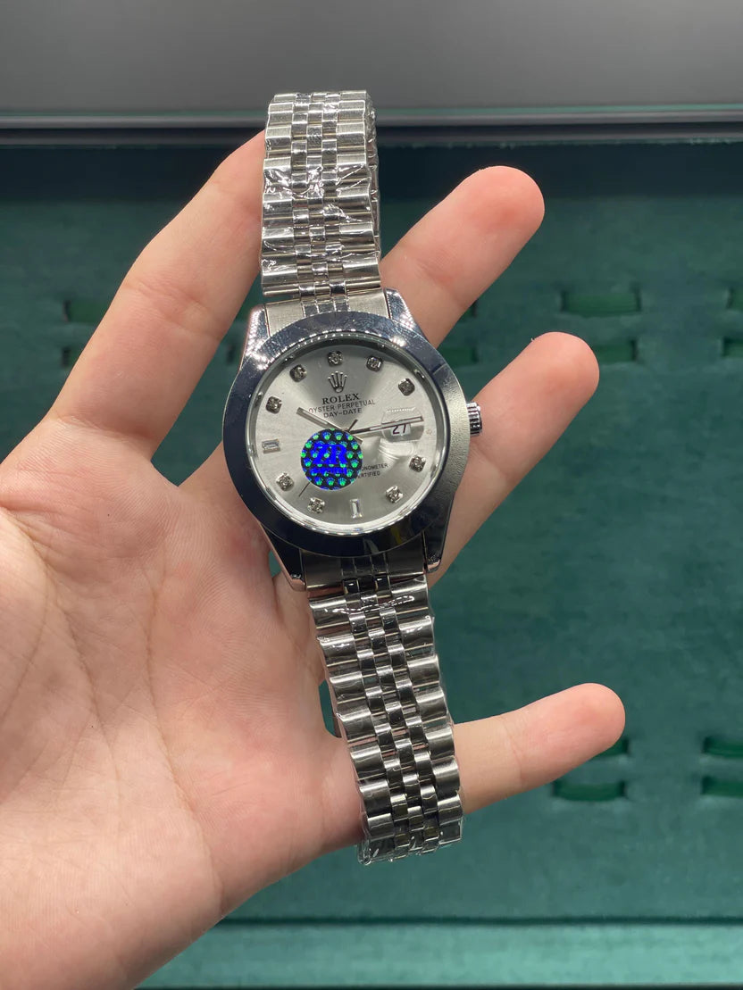 RLX Stainless Steel Dress Watch with Silver Diamond Dial, Smooth Bezel, and Jubilee Bracelet