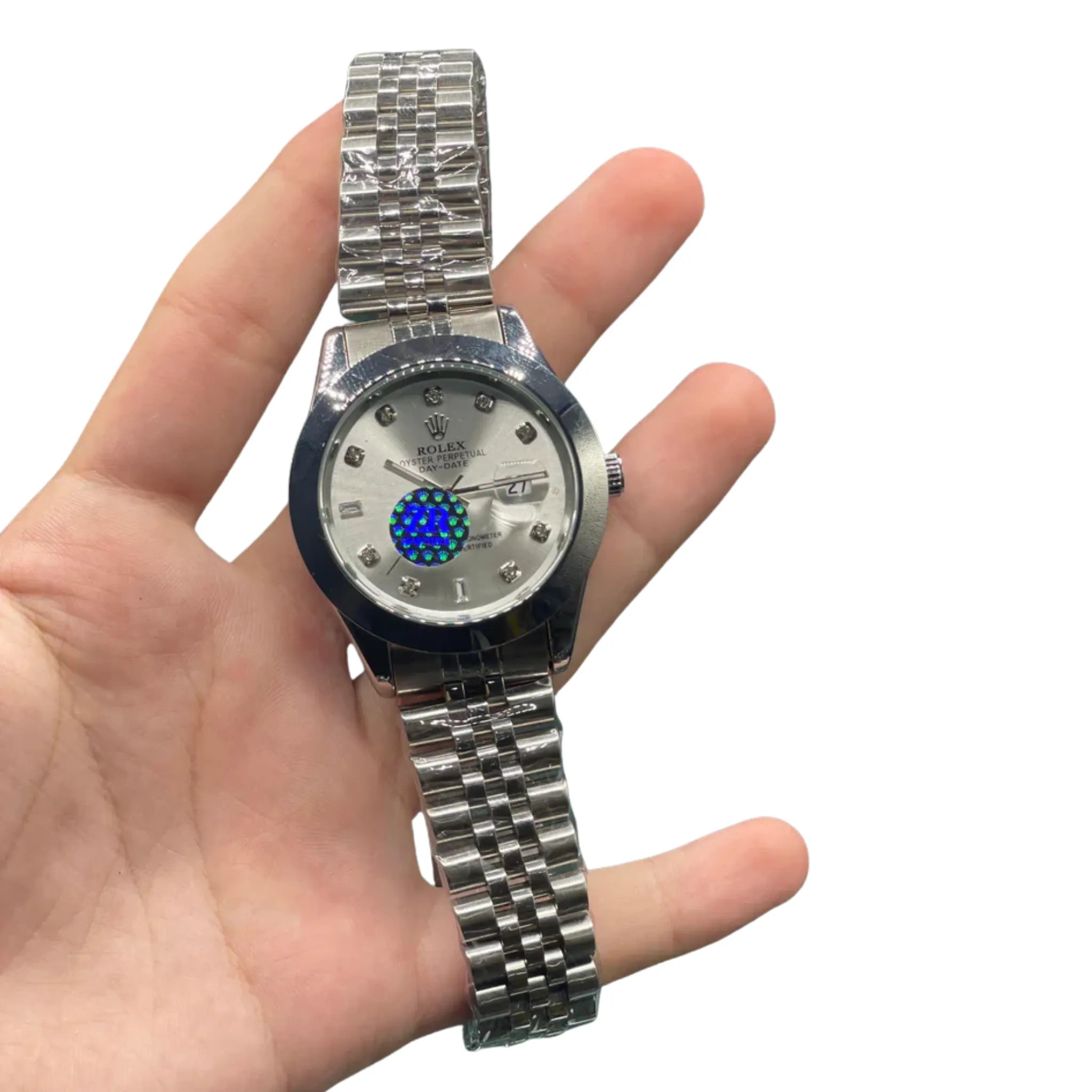 RLX Stainless Steel Dress Watch with Silver Diamond Dial, Smooth Bezel, and Jubilee Bracelet