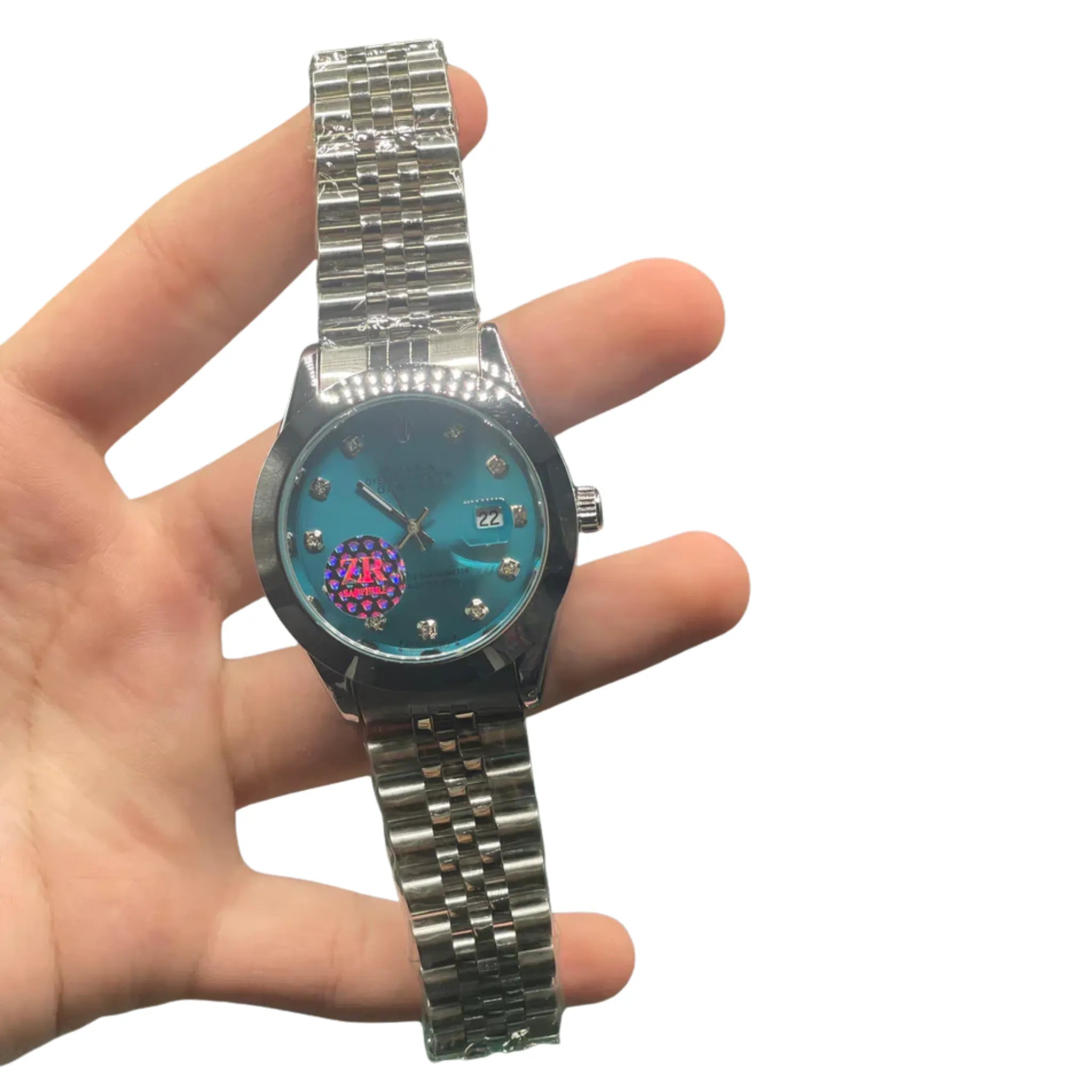 RLX Stainless Steel Dress Watch with Teal Blue Diamond Dial, Smooth Bezel, and Jubilee Bracelet