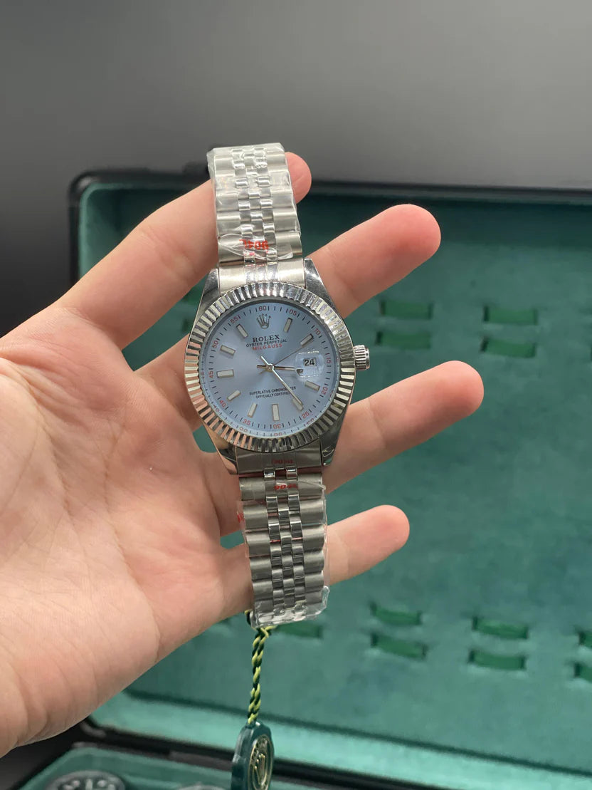 RLX Stainless Steel Luxury Dress Watch with Ice Blue Dial, Fluted Bezel, and Jubilee Bracelet