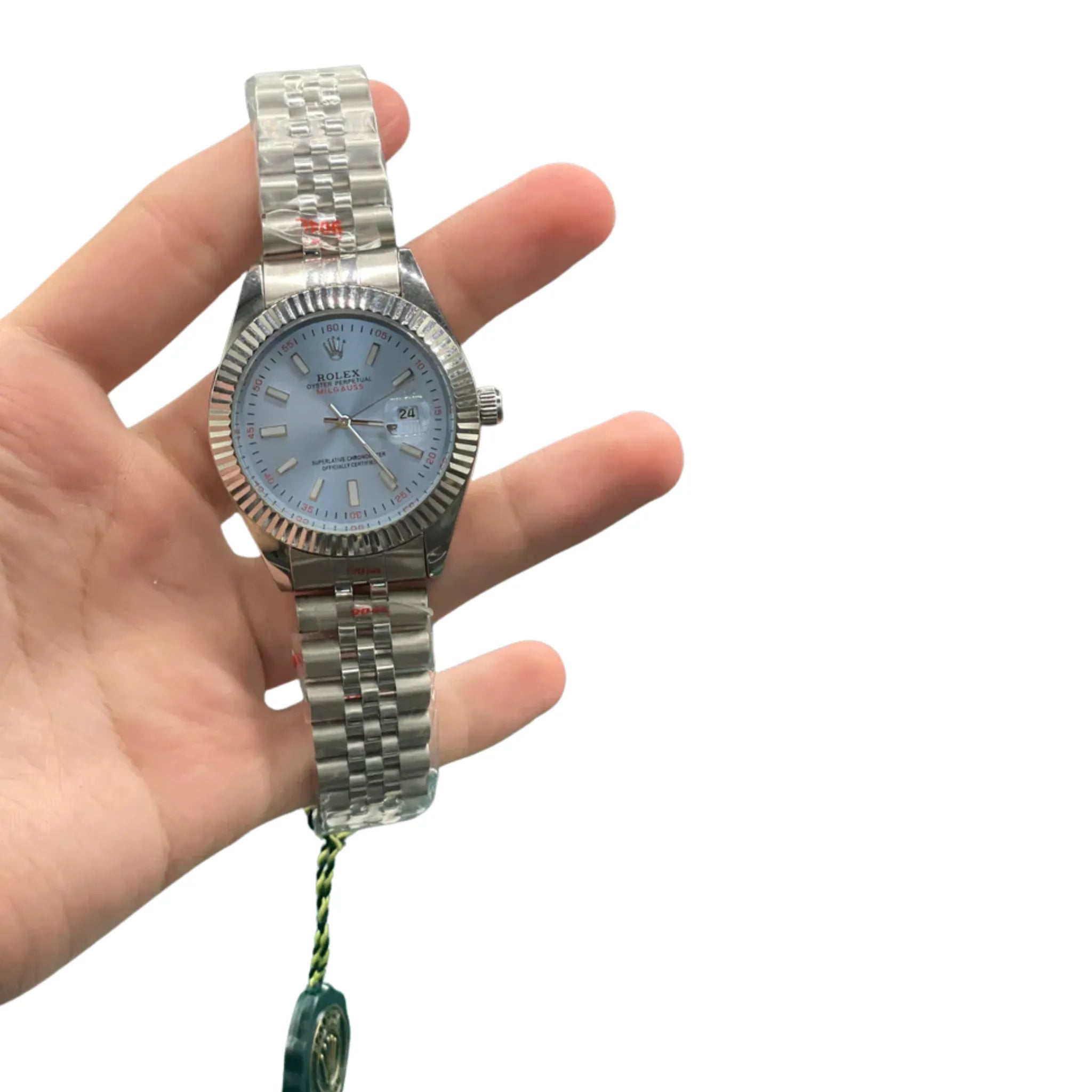 RLX Stainless Steel Luxury Dress Watch with Ice Blue Dial, Fluted Bezel, and Jubilee Bracelet
