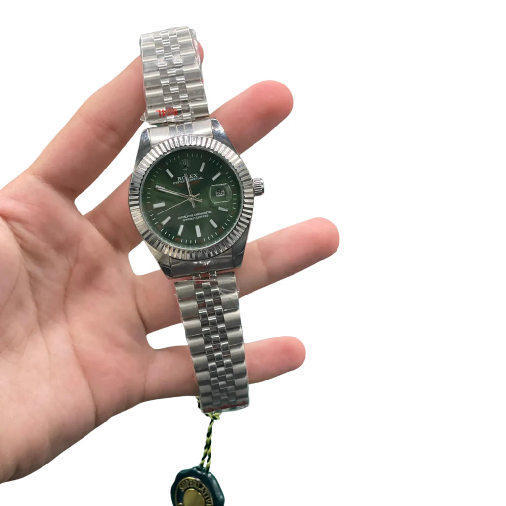RLX Stainless Steel Luxury Dress Watch with Olive Green Dial, Fluted Bezel, and Jubilee Bracelet