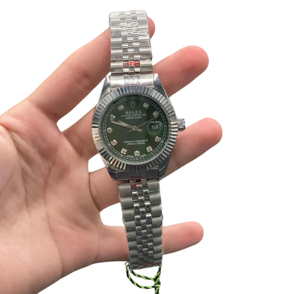 RLX Stainless Steel Luxury Dress Watch with Olive Green Diamond Dial, Fluted Bezel, and Jubilee Bracelet