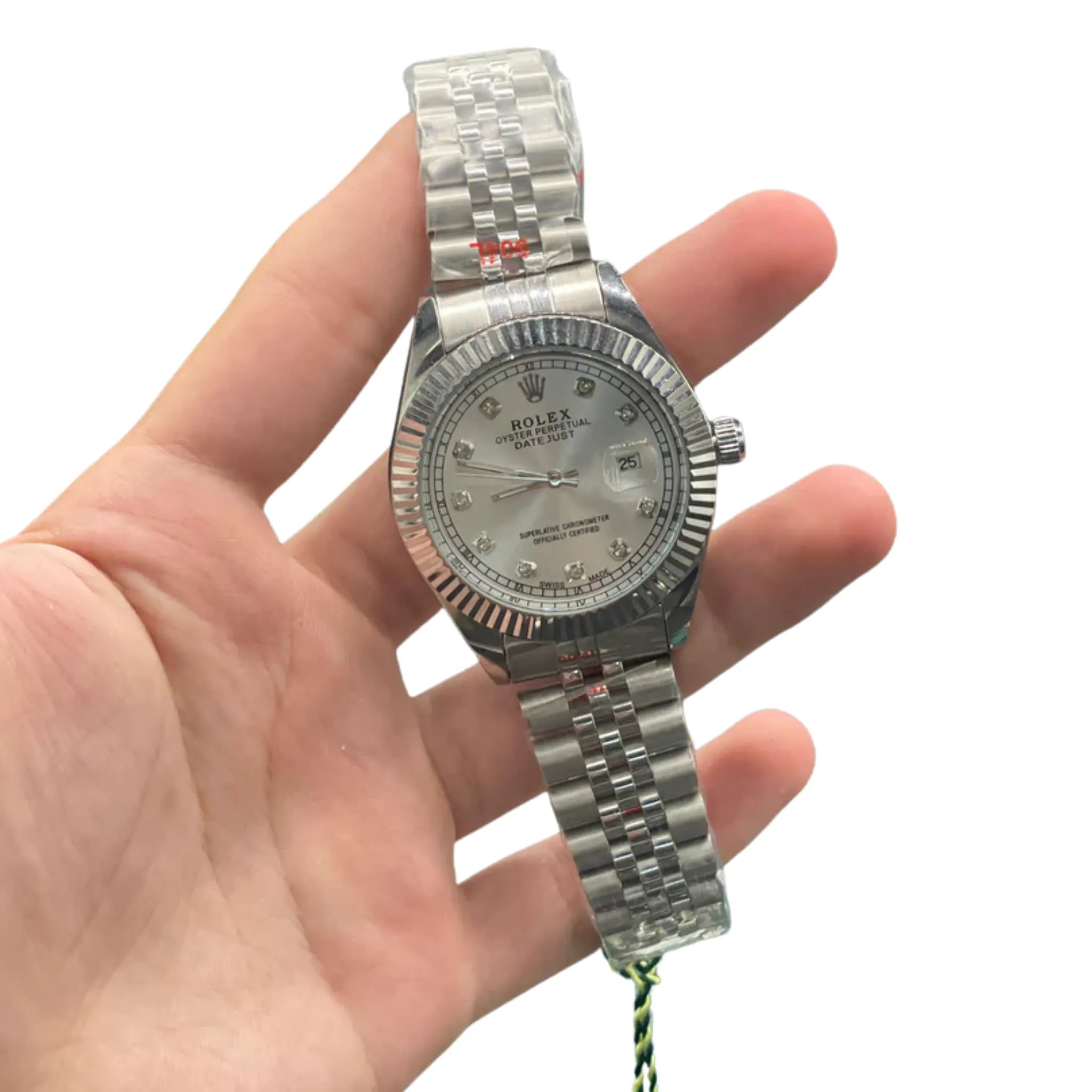 RLX Stainless Steel Luxury Dress Watch with Silver Diamond Dial, Fluted Bezel, and Jubilee Bracelet