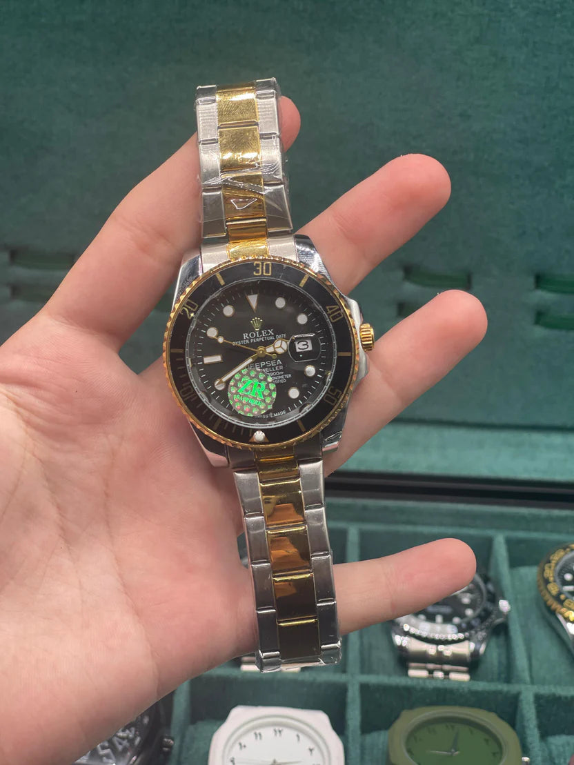 RLX Two-Tone Black Dial Diver Watch — Gold Bezel + Steel Oyster Bracelet Luxury Edition