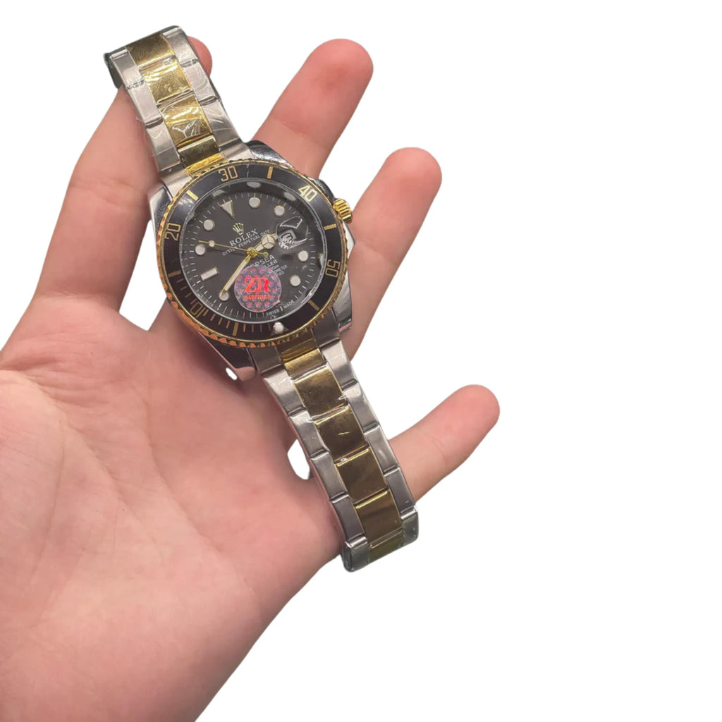 RLX Two-Tone Black Dial Diver Watch — Gold Bezel + Steel Oyster Bracelet Luxury Edition