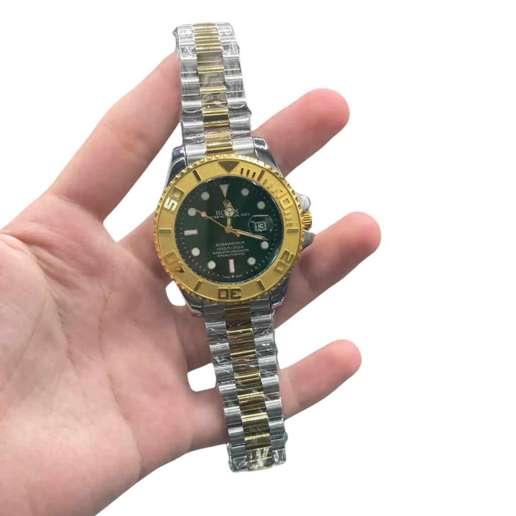 RLX Two-Tone Dive Style Watch with Green Dial, Gold Bezel, and Jubilee Bracelet
