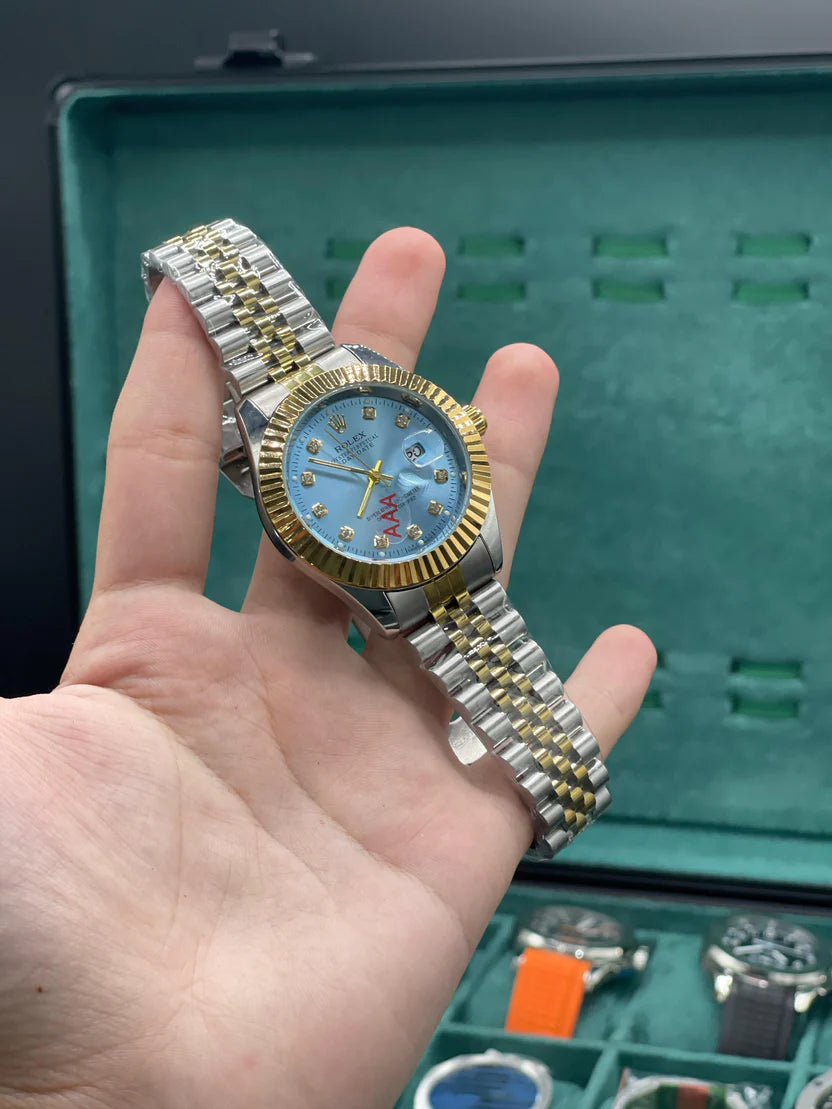 RLX Two-Tone Dress Watch with Ice Blue Diamond Dial, Fluted Gold Bezel, and Jubilee Bracelet