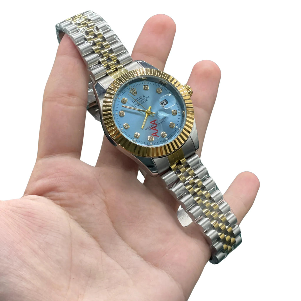 RLX Two-Tone Dress Watch with Ice Blue Diamond Dial, Fluted Gold Bezel, and Jubilee Bracelet